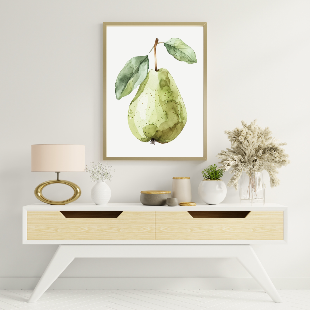 Elegant päronillustration som konstposter för vardagsrum, av Nordanio, med guldfärgad ram och modern stil.