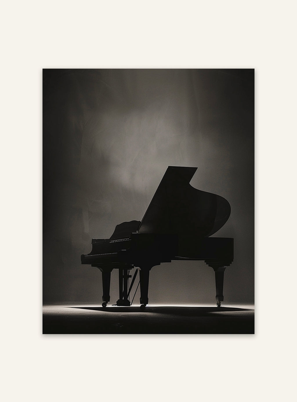 Svart konstposter med silhuett av piano från Nordanio, perfekt för väggdekoration i modern stil.