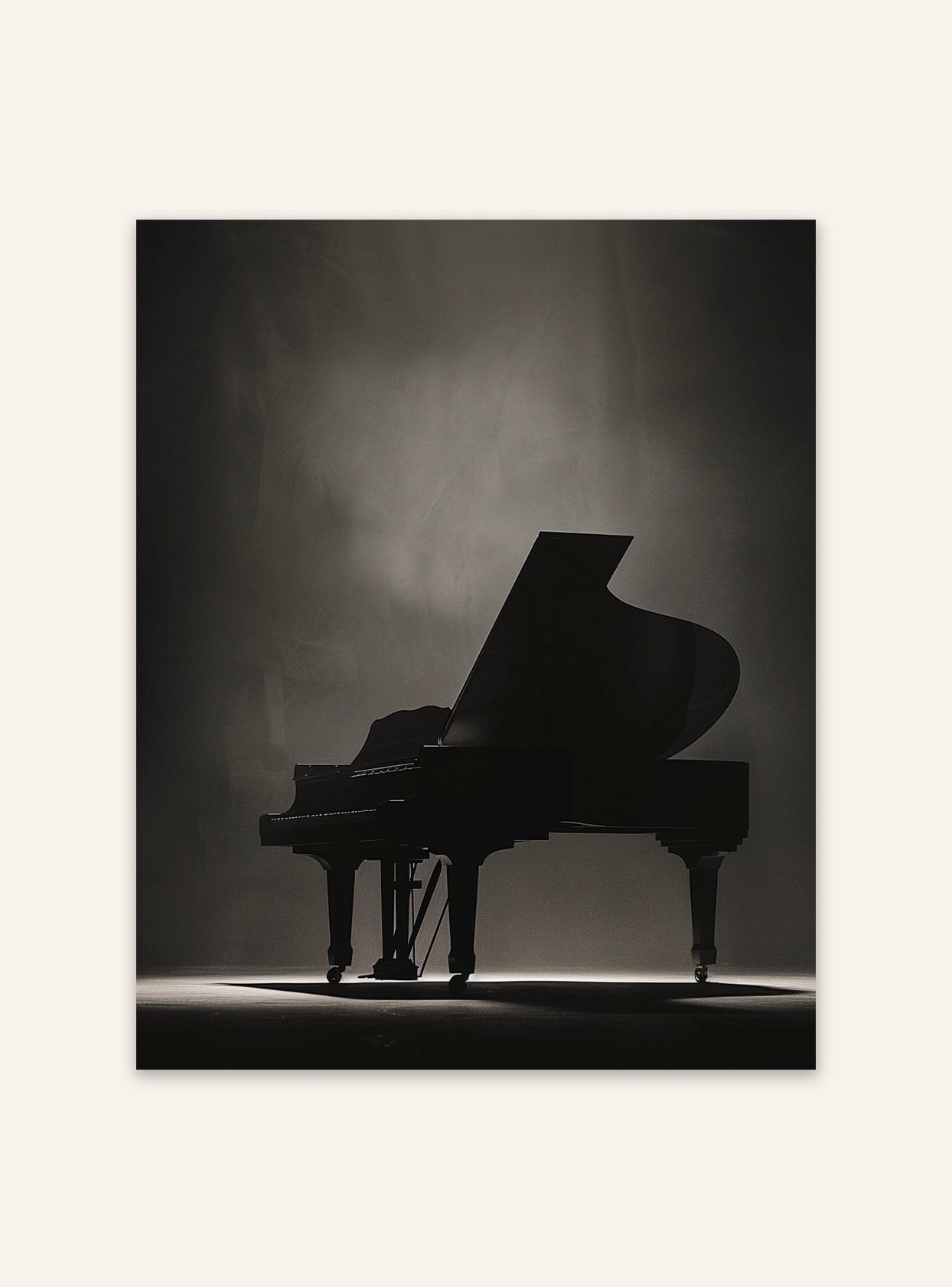Svart konstposter med silhuett av piano från Nordanio, perfekt för väggdekoration i modern stil.
