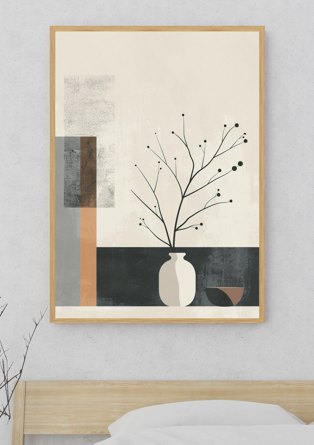 Abstrakt väggposter med geometriska block i rosa och floral design av Nordanio, perfekt för sovrum eller vardagsrum.