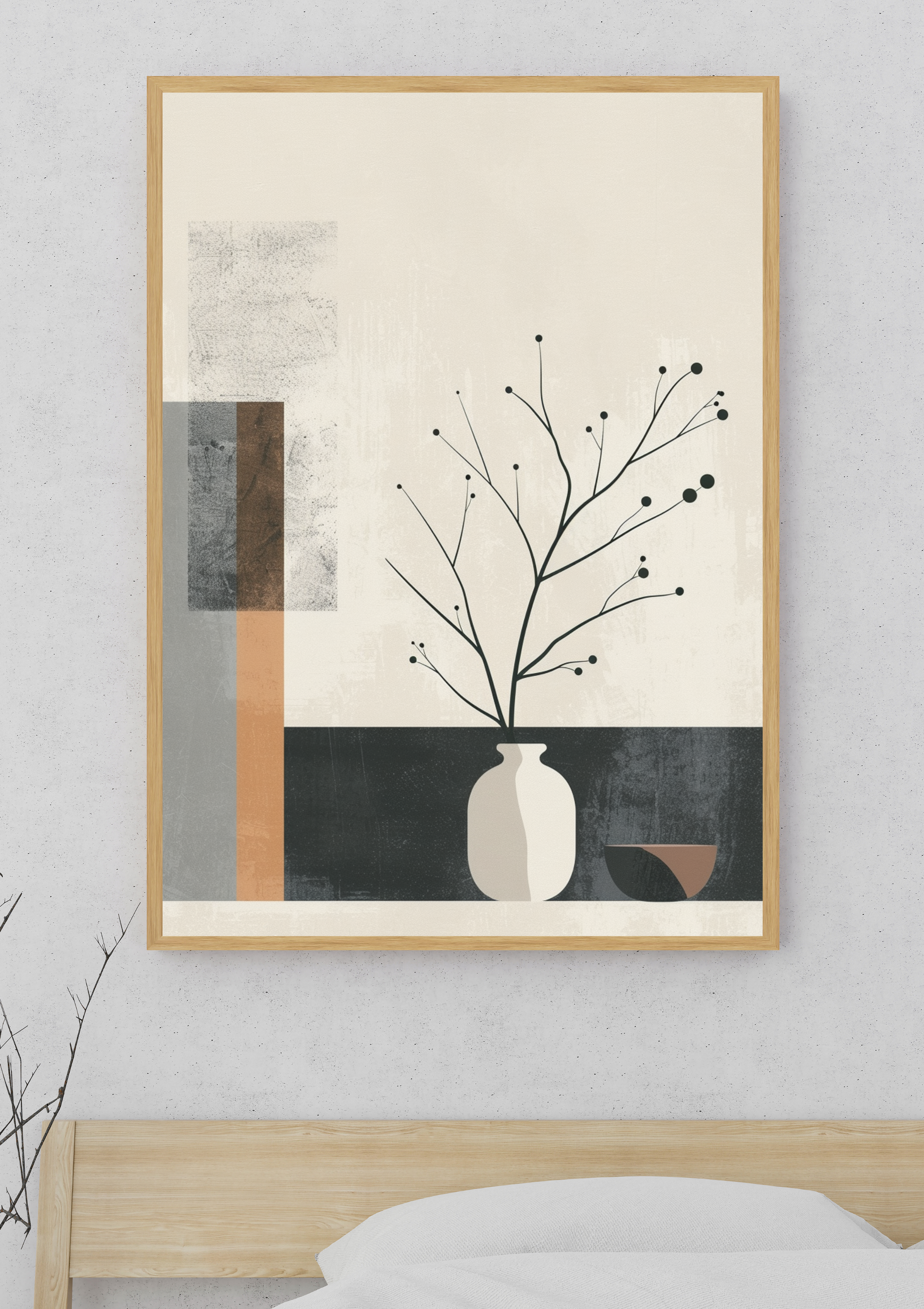 Abstrakt väggposter med geometriska block i rosa och floral design av Nordanio, perfekt för sovrum eller vardagsrum.