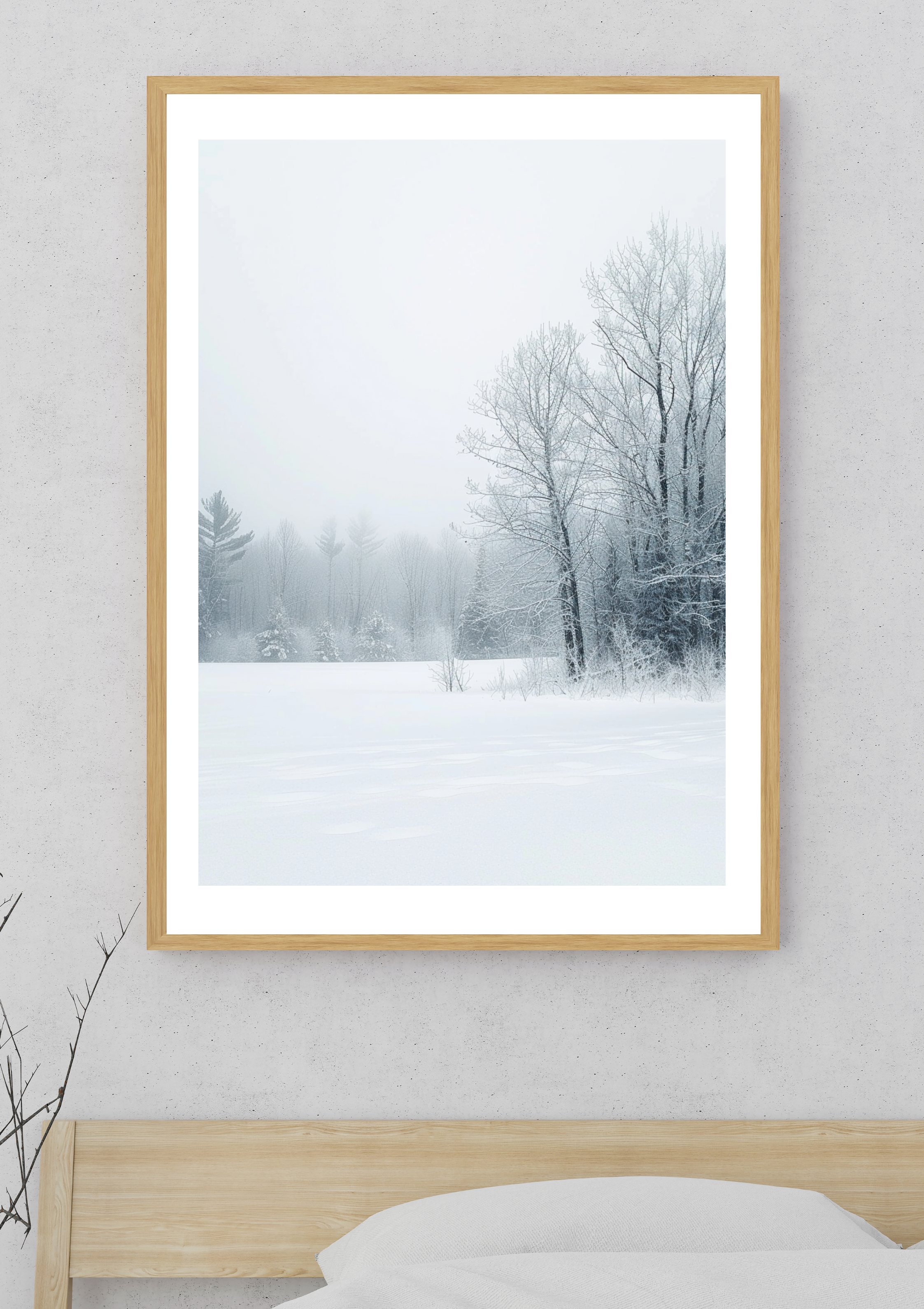 Naturskilt poster av snötäckta trädlinjer i ett fält, av Nordanio, perfekt för väggdekoration i sovrum.