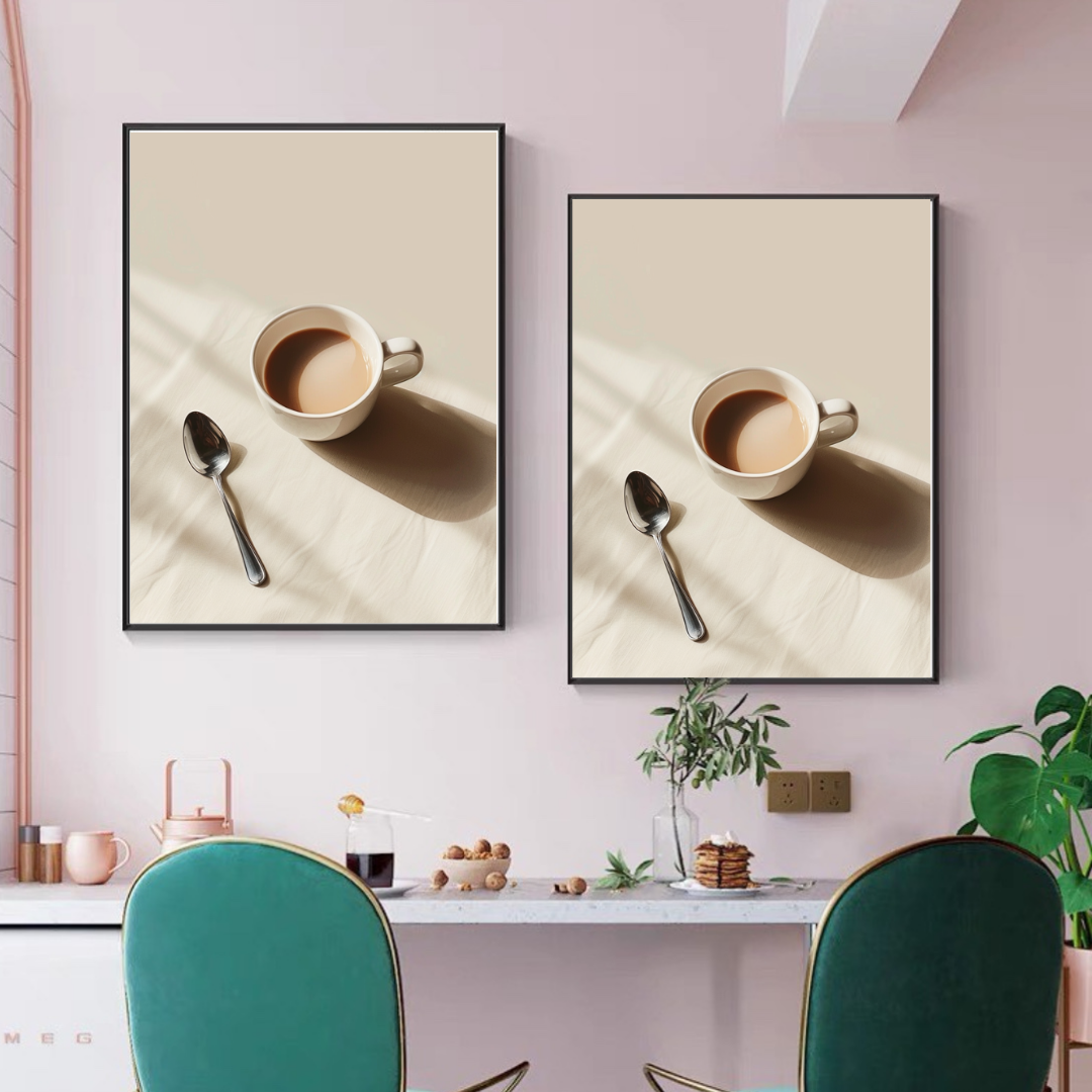Rosa minimalistisk fruktposter i ram från Nordanio, perfekt som dekorativt väggkonst för kaffelivsstil.