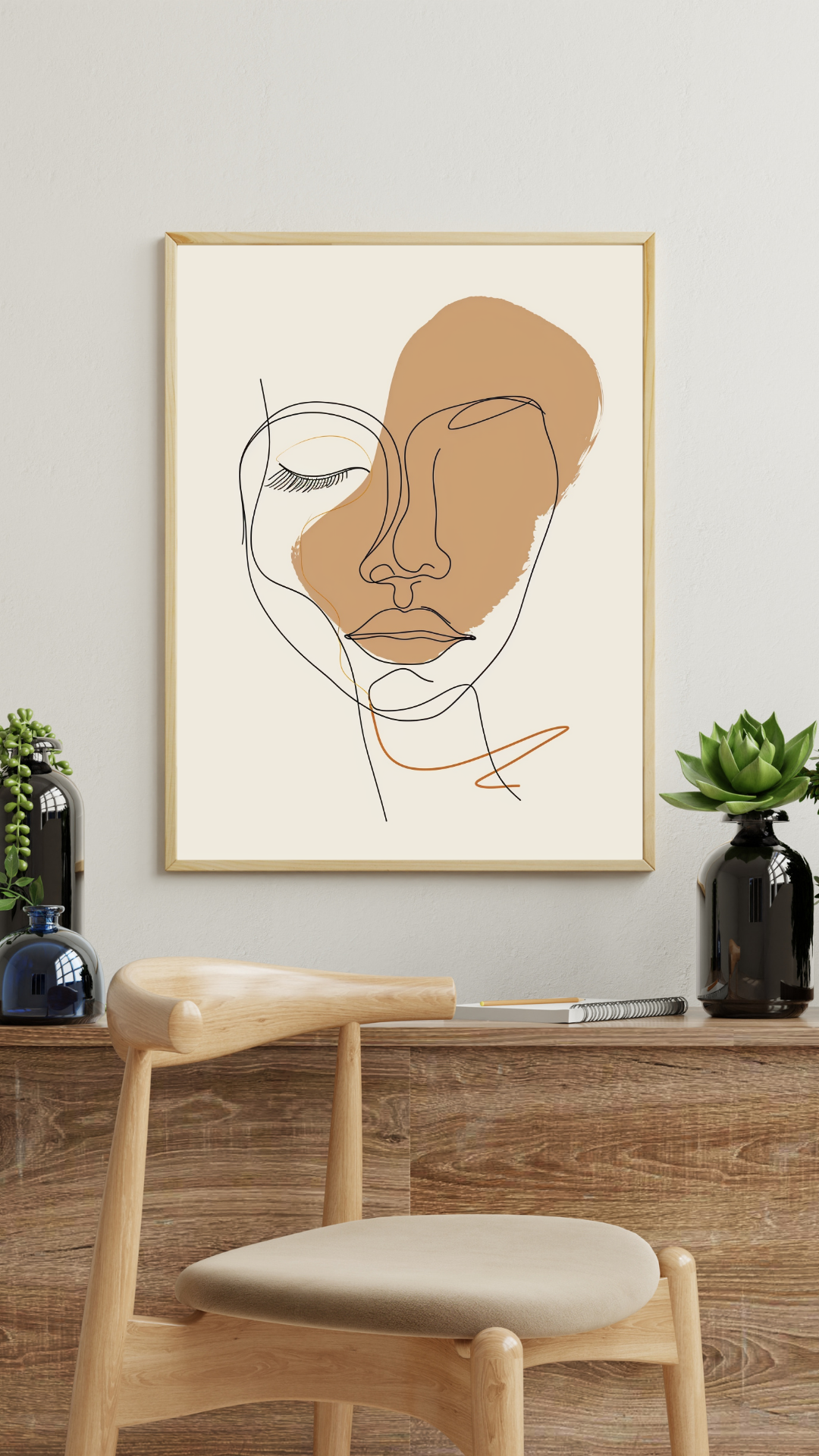 Abstrakt väggposter med ansiktslinjer i rosa, minimalistisk Nordanio-design, inramad för modern väggdekoration.