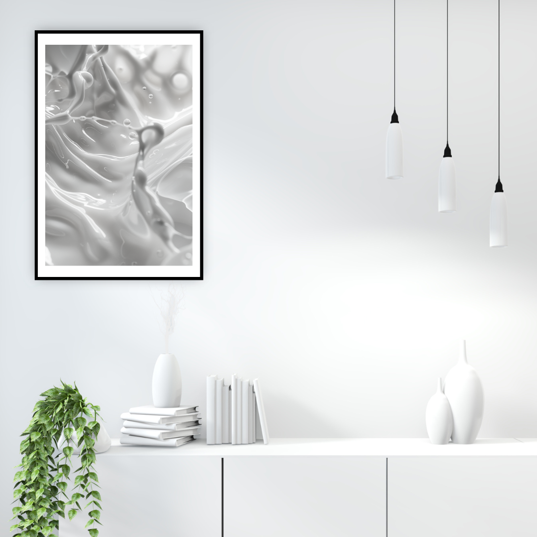 Minimalist fruktposter med mjölkmotiv av Nordanio, inramad med enkel ram och ljus bakgrund.