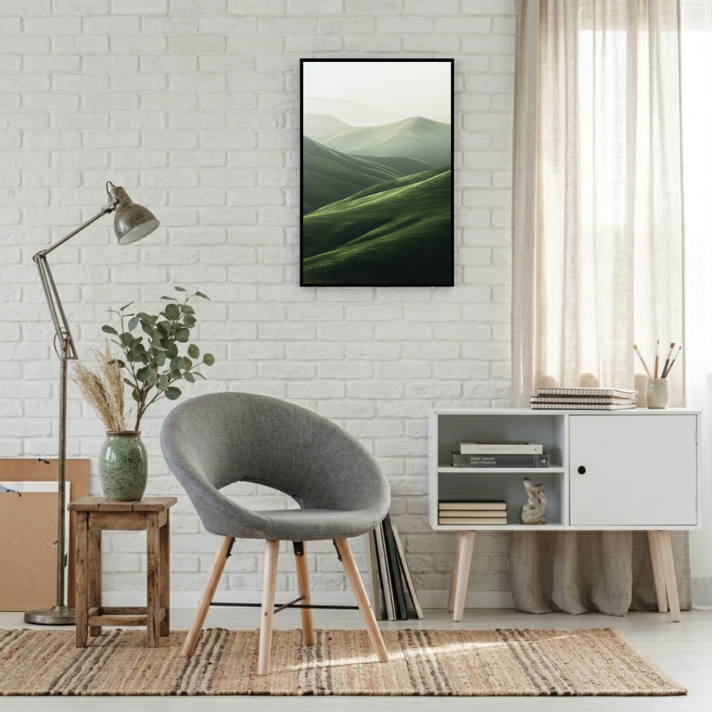 Nordanio naturposter med bergslandskap av Rolling Hills, minimalistiskt väggkonst för modern inredning.