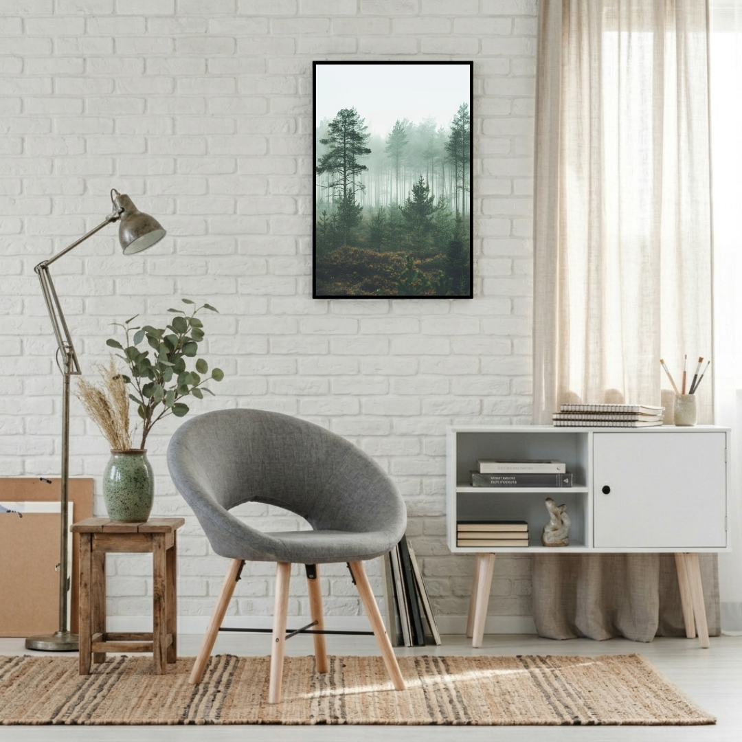 Väggposter med skogsmotiv från Nordanio, Pine Forest Mist, naturmotiv för minimalistisk inredning, inramad inomhus.