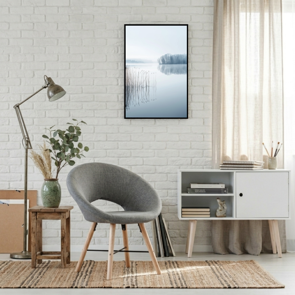 Nordisk sjöposter av Nordanio, naturmotiv med minimalism och lugna färger, inramad för modern väggdekor.