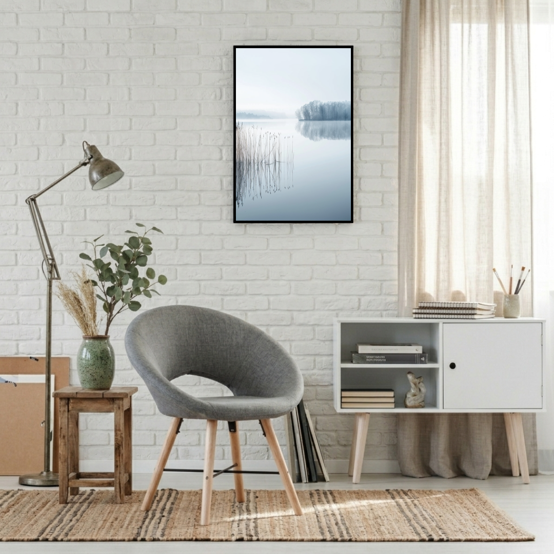 Nordisk sjöposter av Nordanio, naturmotiv med minimalism och lugna färger, inramad för modern väggdekor.