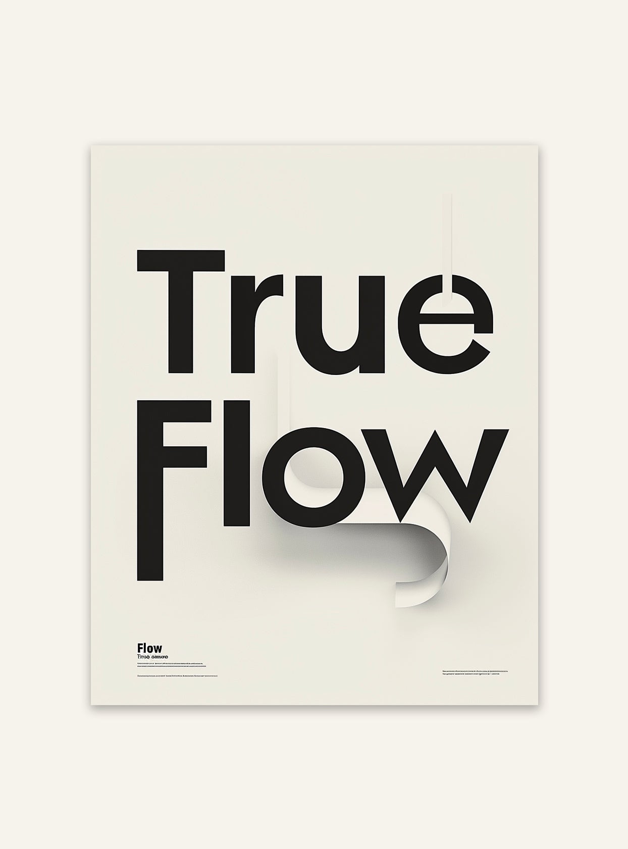 Typografiskt Nordanio True Flow-poster med svart text på vit bakgrund, modern design för väggdekor.