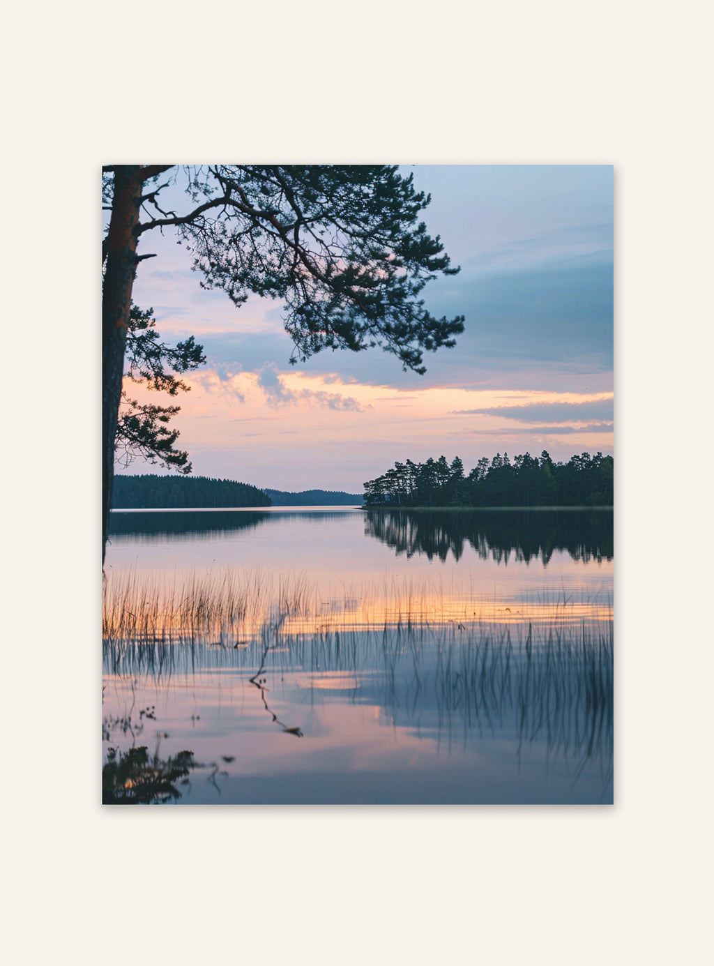 Naturposter av sjö vid skymning med lugn vatten och mörka träd, av Nordanio, perfekt för naturälskare.