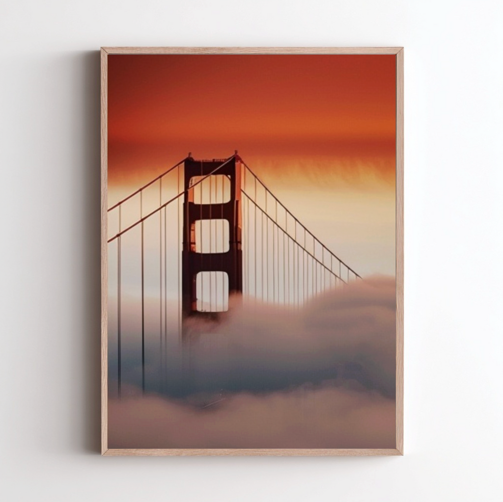 Väggposter av San Francisco av Nordanio med stadssilhuett och berömda landmärken, konstnärlig väggdekoration.
