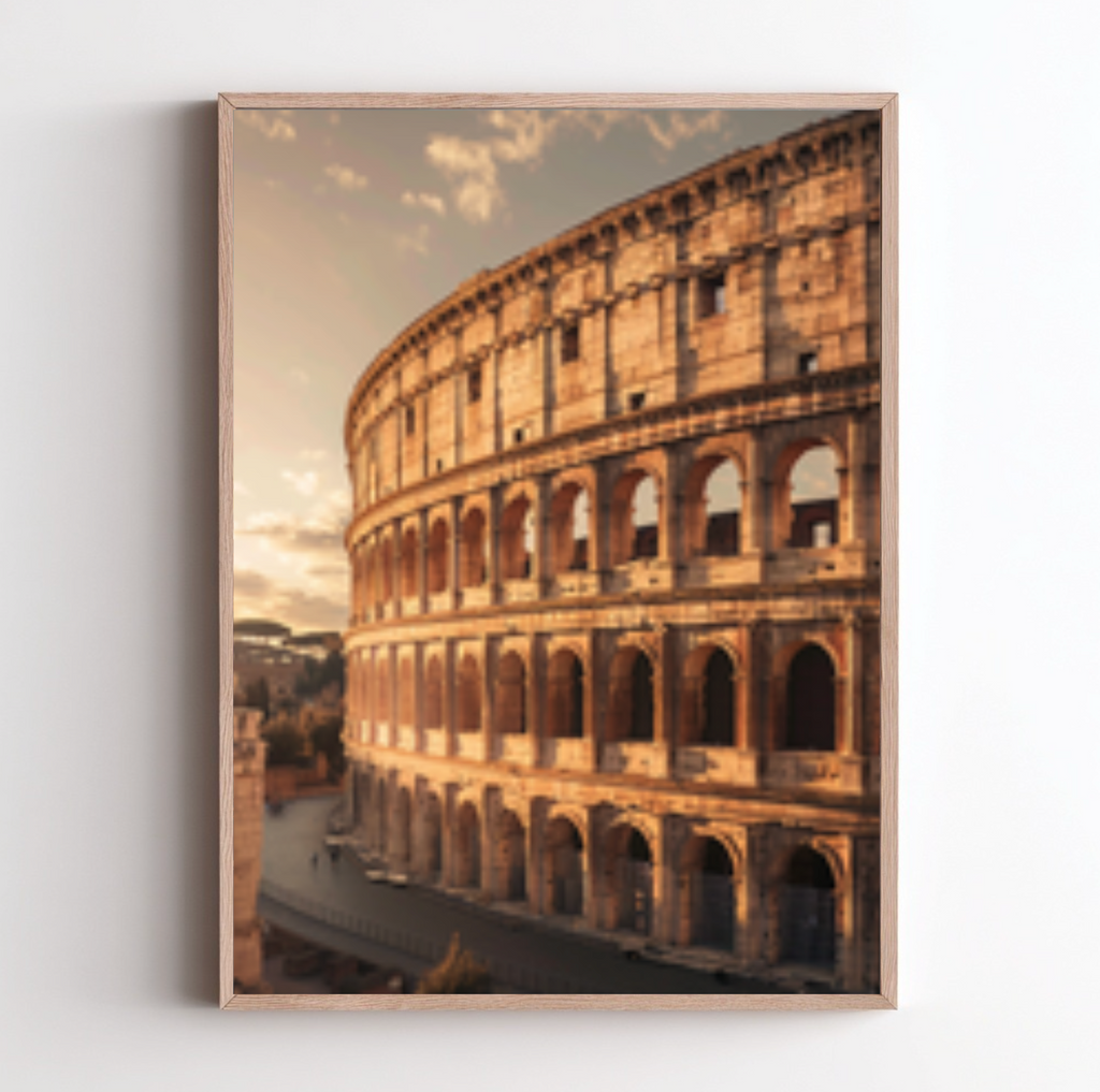 Väggposter av Colosseum i Rom med Nordanio branding, visar en konstnärlig bild av den antika amfiteatern.