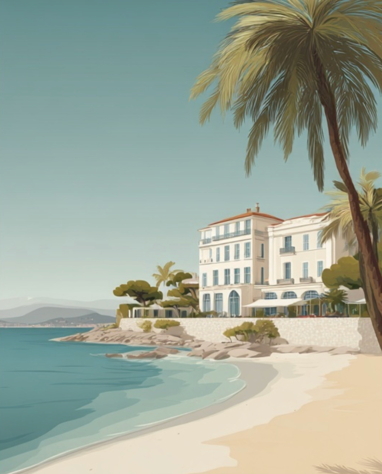 Vacker väggposter med Côte d'Azur-tema från Nordanio, visar en solig kustscen med blått hav och palmer.