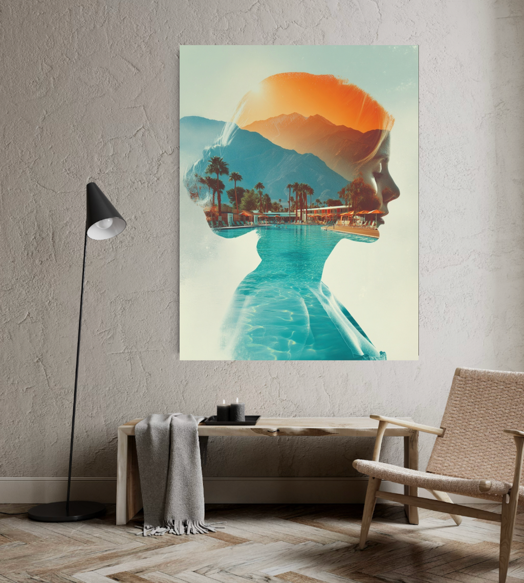 Nordanio Desert Oasis dekorativt konsttryck med ökenlandskap och palmer, perfekt för att skapa en avkopplande atmosfär.