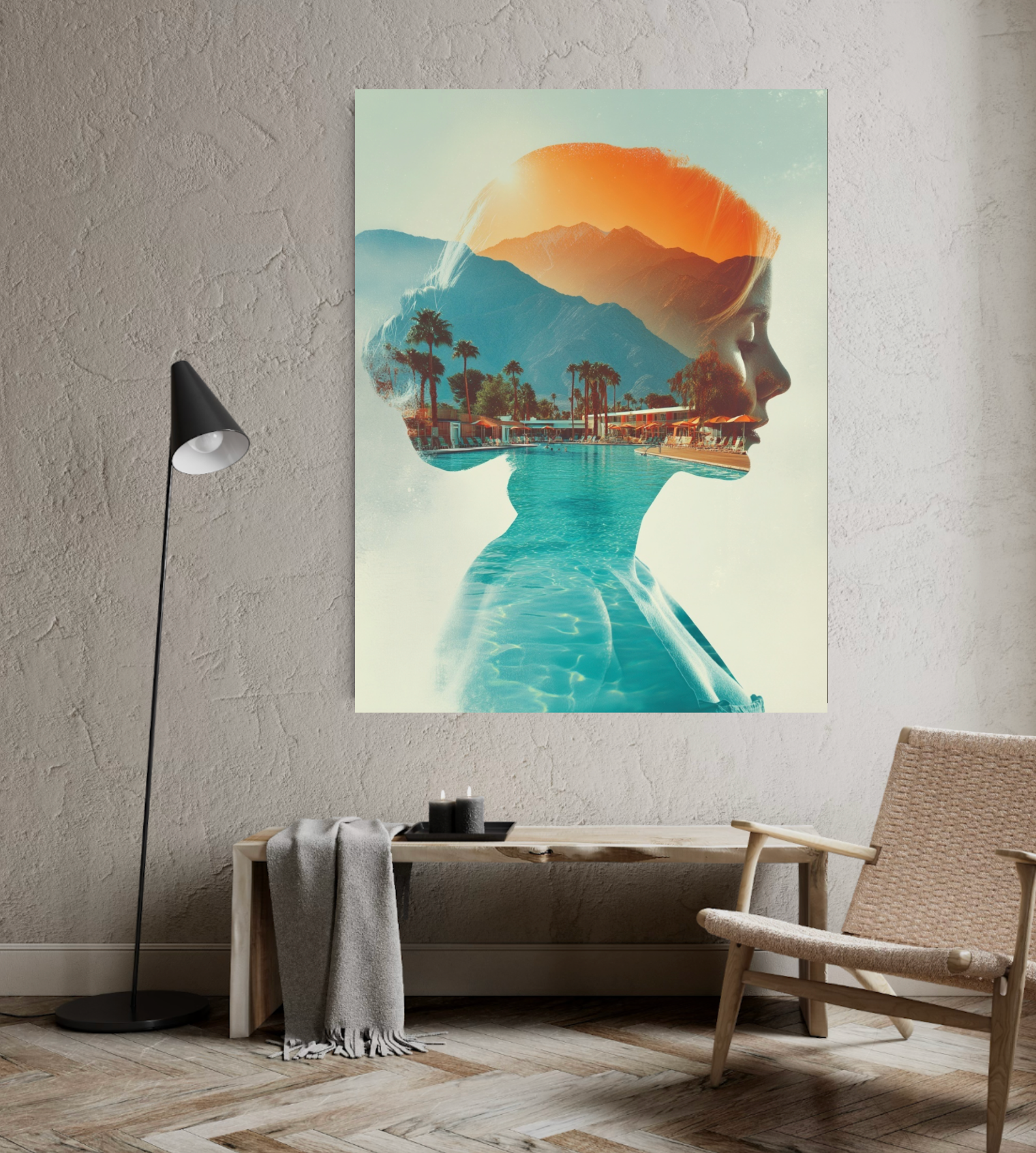 Nordanio Desert Oasis dekorativt konsttryck med ökenlandskap och palmer, perfekt för att skapa en avkopplande atmosfär.