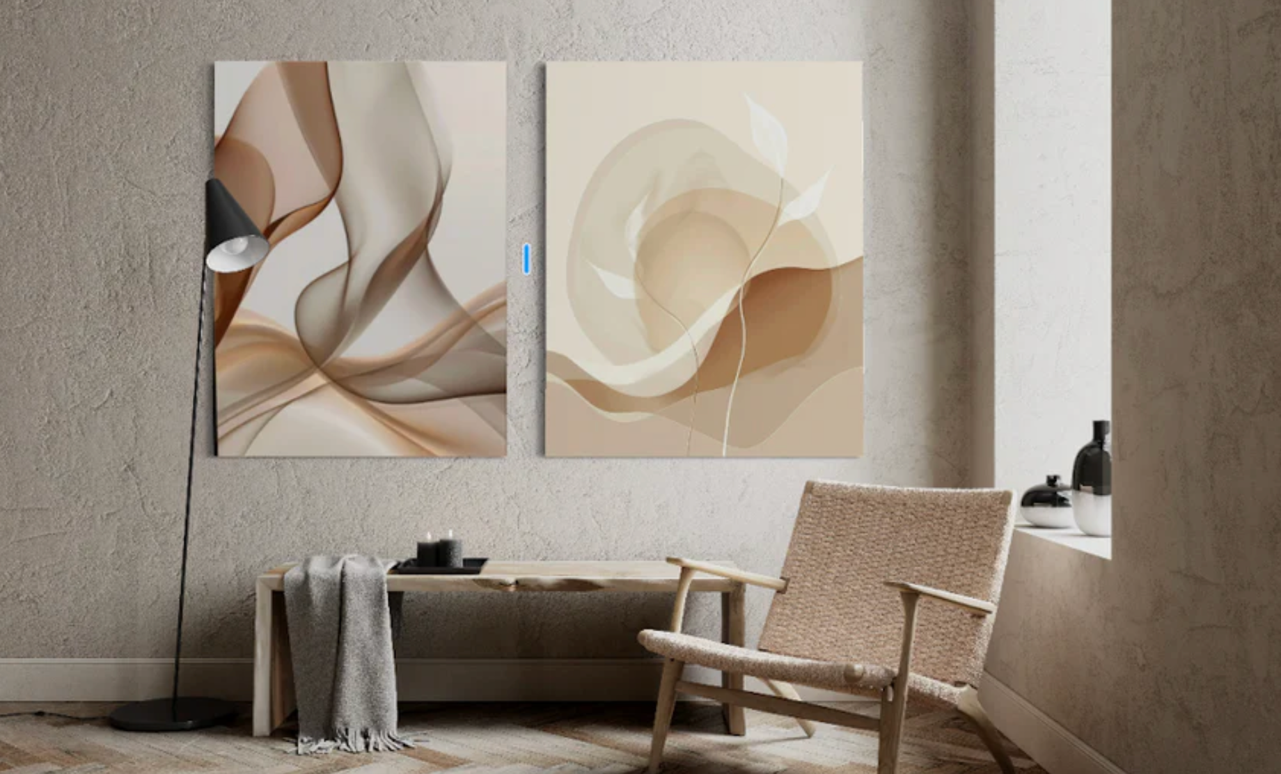 Två posters i paket från Nordanio, 700x100 cm, med moderna grafiska design i färgglada mönster.
