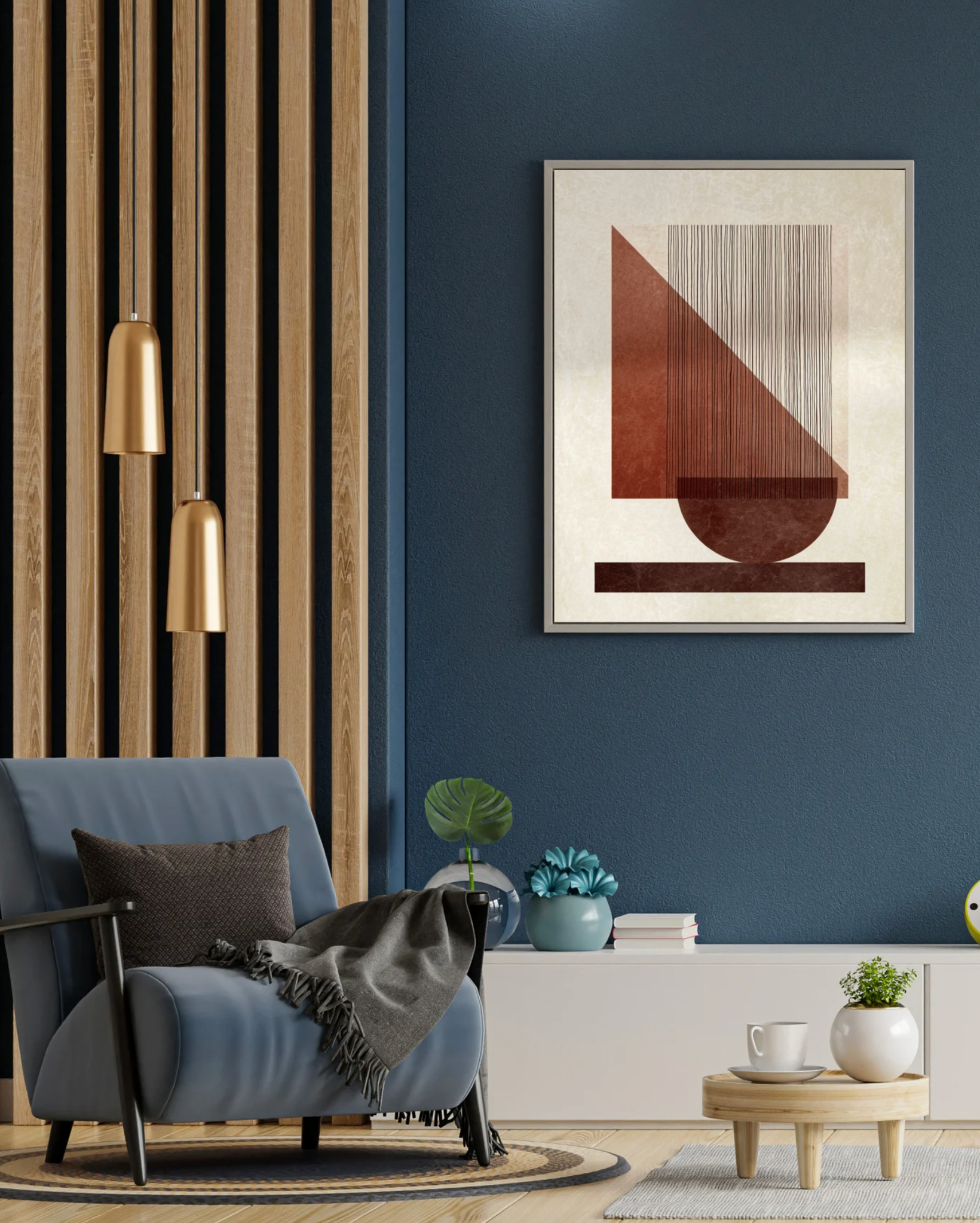 Abstrakt geometrisk poster av Nordanio med färgglada, moderna former på vit bakgrund.