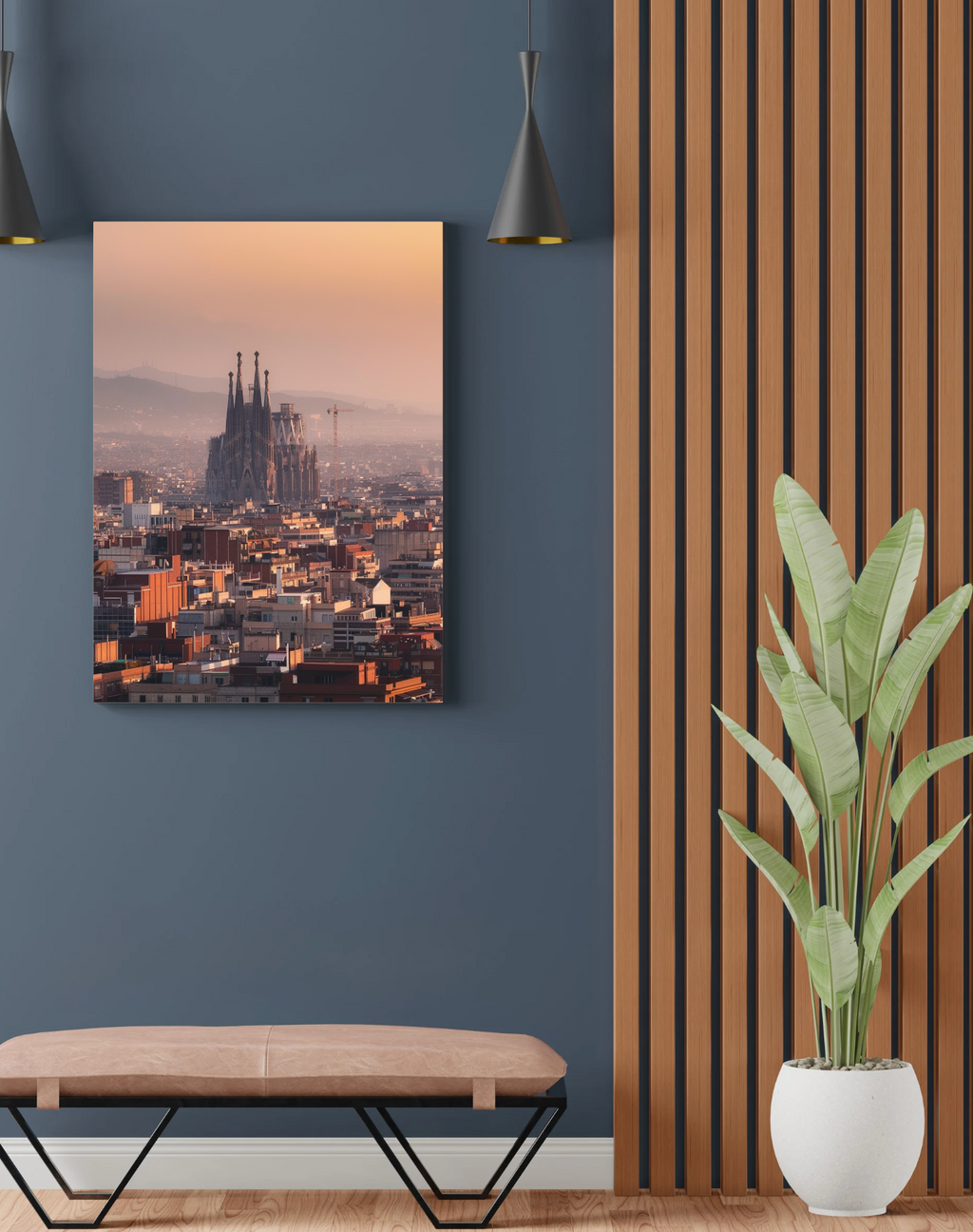 Nordanio Barcelona poster med stadens silhuett och ikoniska byggnader på en mörk bakgrund.