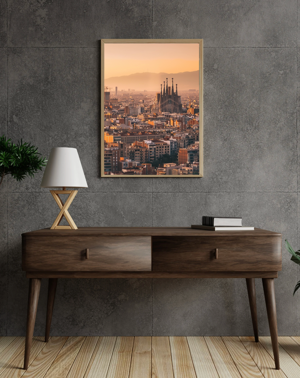 Snygg Barcelona poster av Nordanio som visar stadens skyline med ikoniska byggnader och nattlig belysning.