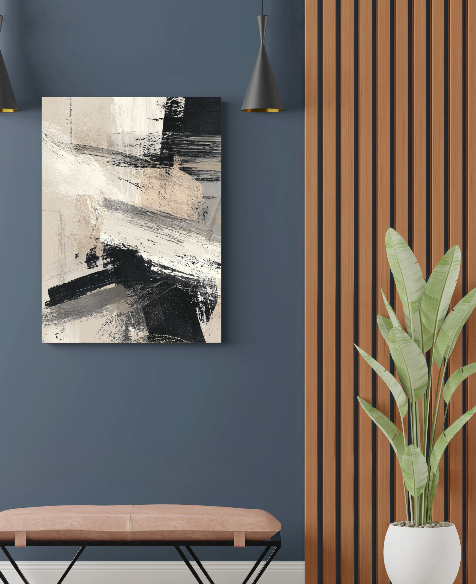 Nordanio Midnight Strokes konsttryck med mörka blå och grå nyanser på vit bakgrund, väggdekoration för modern inredning