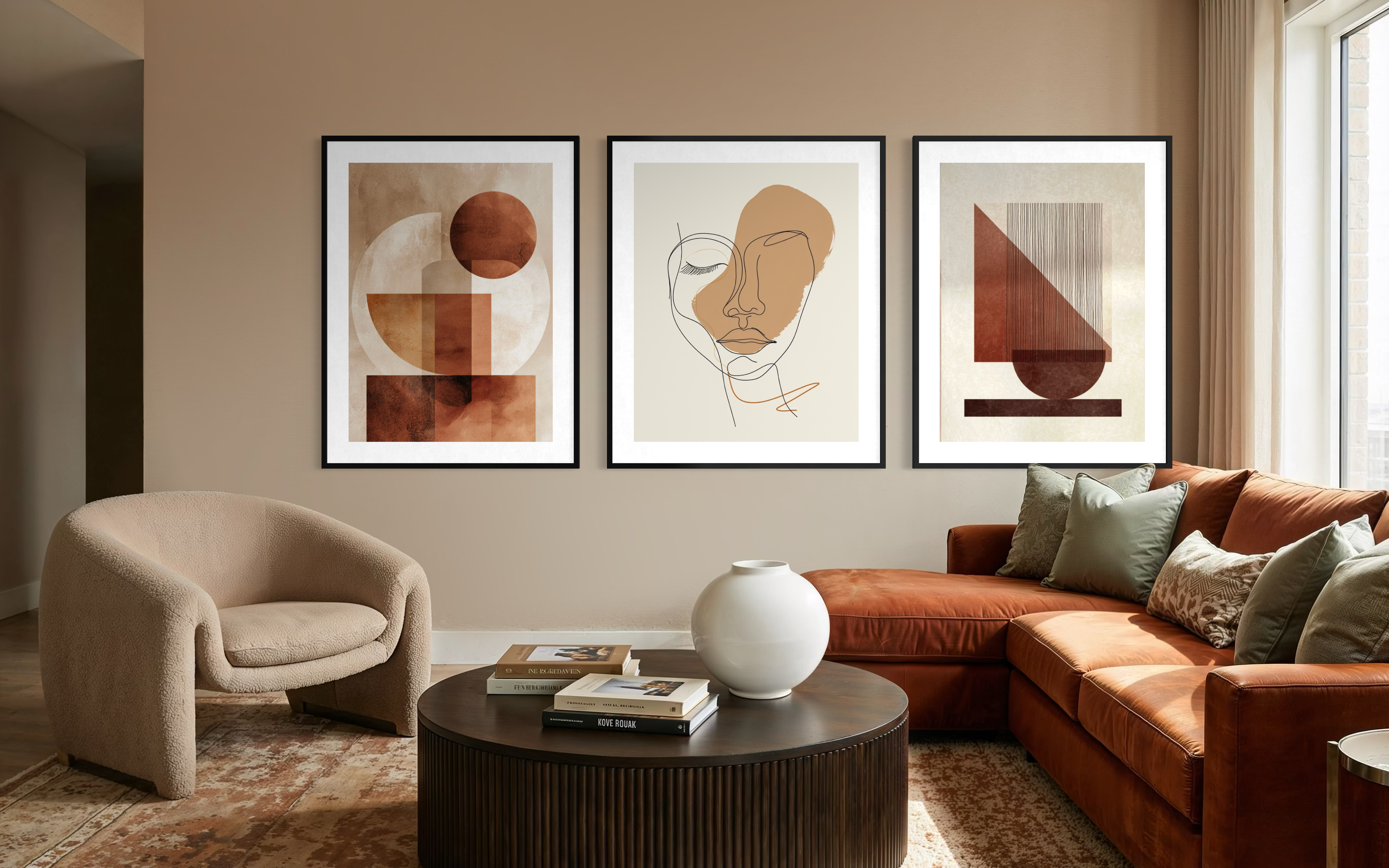 Tre Nordanio posters i storlek 50x70 cm i ett paket, med moderna konstnärliga motiv på vit bakgrund.