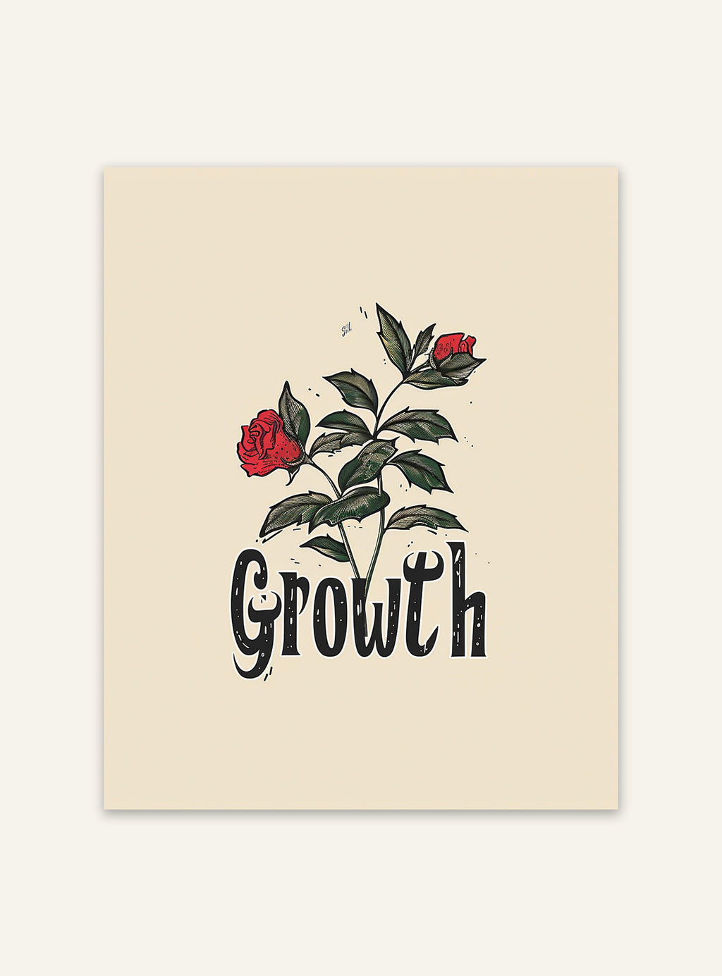 Typografisk Still Tillväxt Poster från Nordanio, modern väggdekoration med inspirerande text i svart och vitt.
