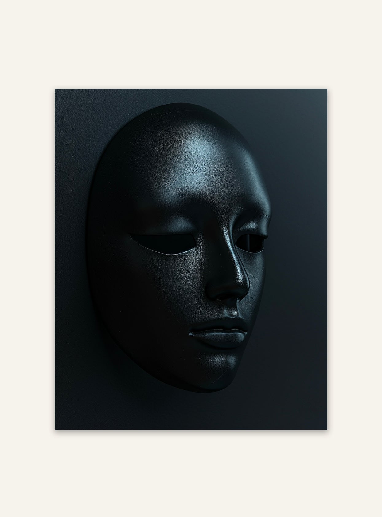 Svart maskposter av Nordanio, mörk konstväggposter med dramatisk svart mask för väggdekoration.