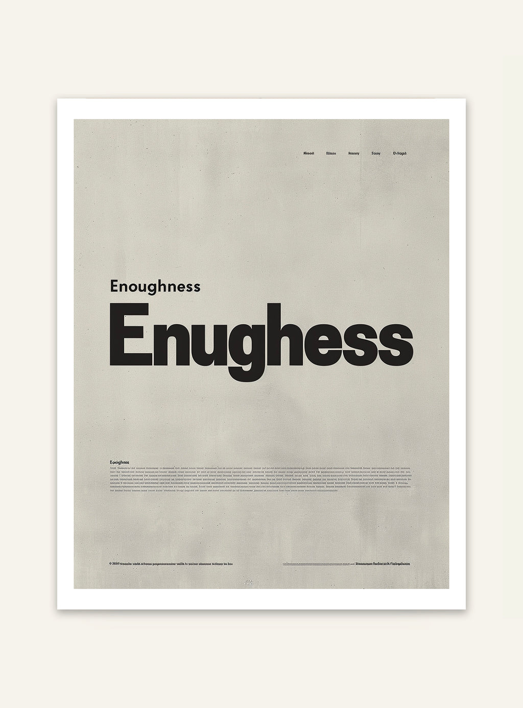 Typografiposter med texten "Enoughness" av Nordanio, svart text på vit bakgrund, modern inredningsstil.
