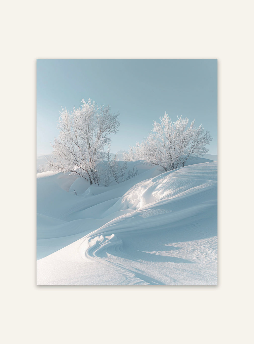 Vinterlandskap poster från Nordanio med snöklädda träd och lugn vintermiljö, naturposter för väggdekor.