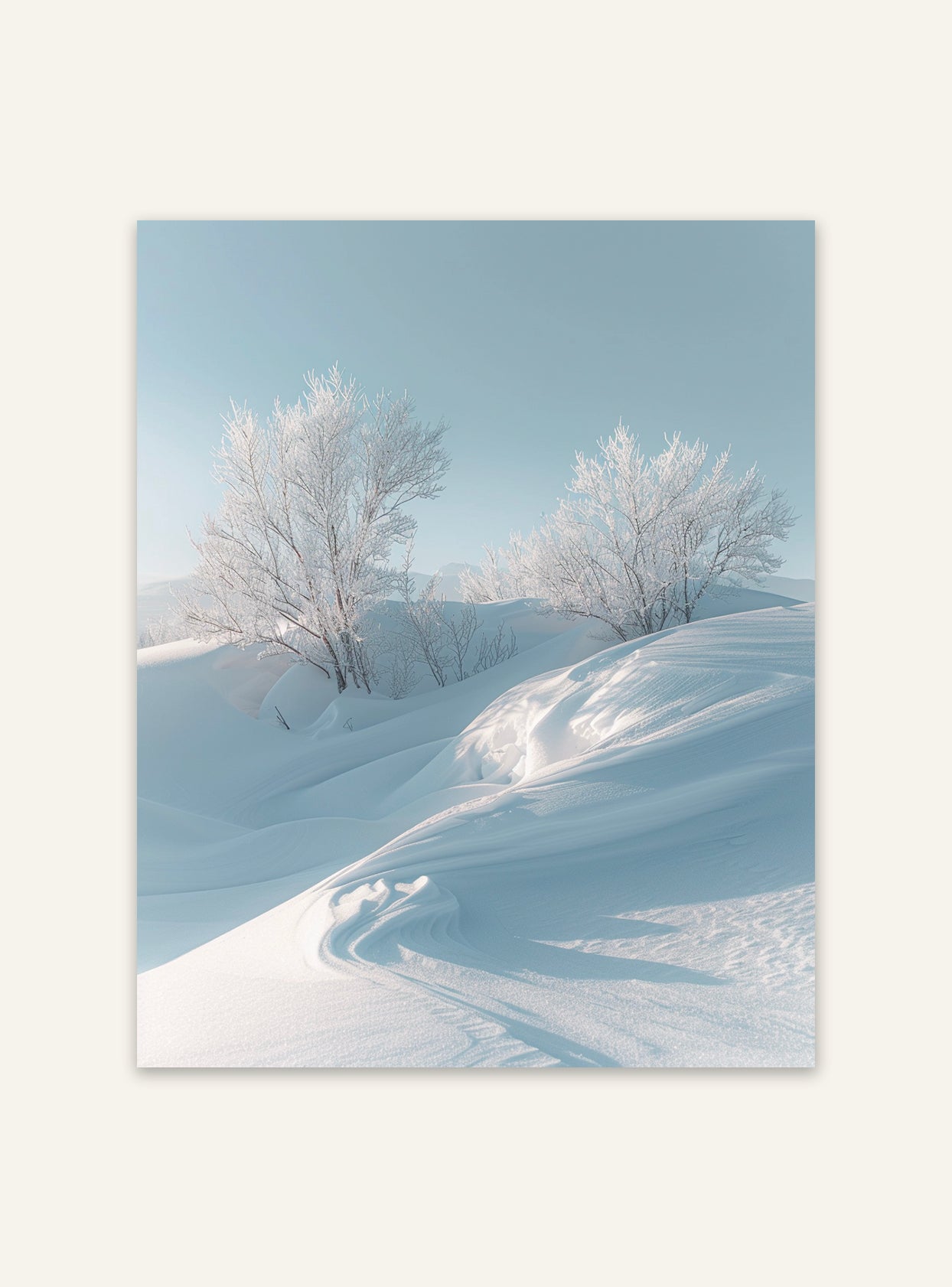 Vinterlandskap poster från Nordanio med snöklädda träd och lugn vintermiljö, naturposter för väggdekor.