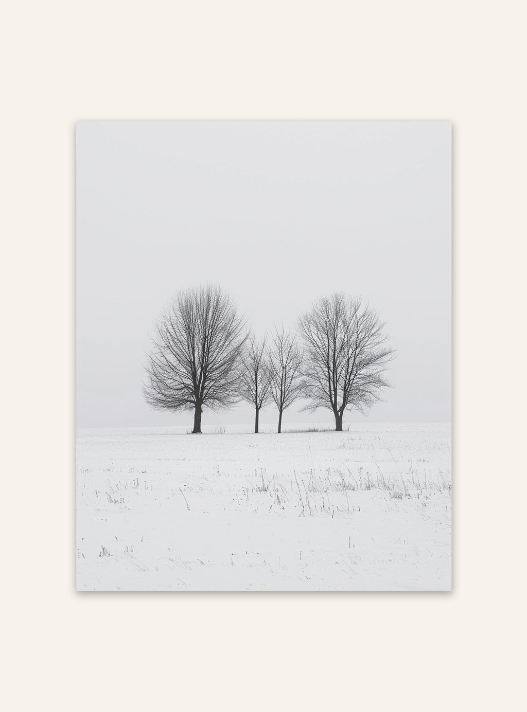 Vinterträd i fält naturposter från Nordanio, visar snötäckta träd mot en klar vinterhimmel.