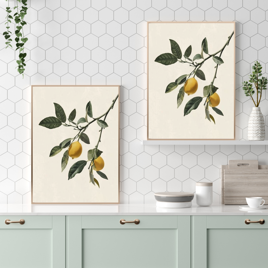 Vit minimalist 3D väggram med citrusträdposter från Nordanio, perfekt för fruktinspirerad inredning.