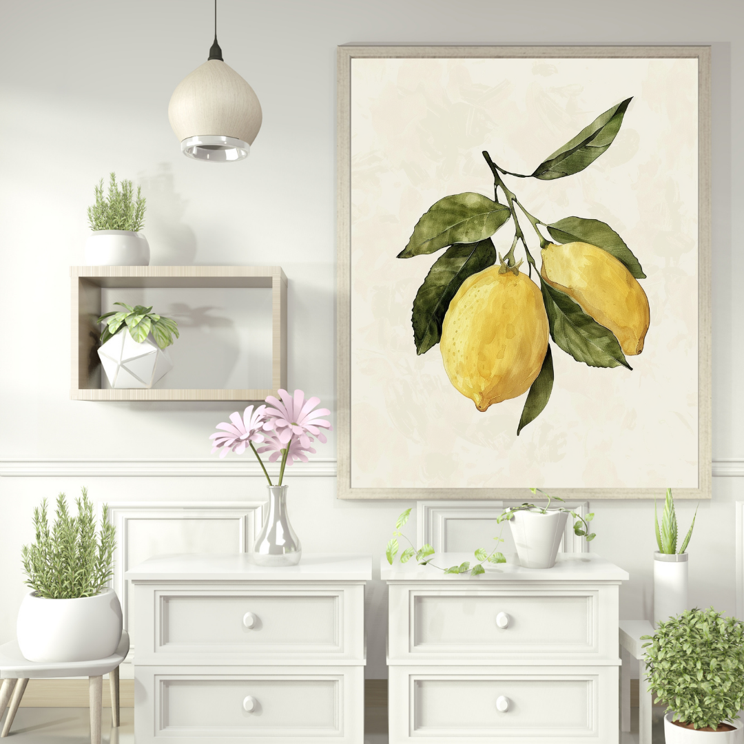 Vit floral 3D väggram med citronillustration poster av Nordanio, perfekt för fruktinspirerad inredning.