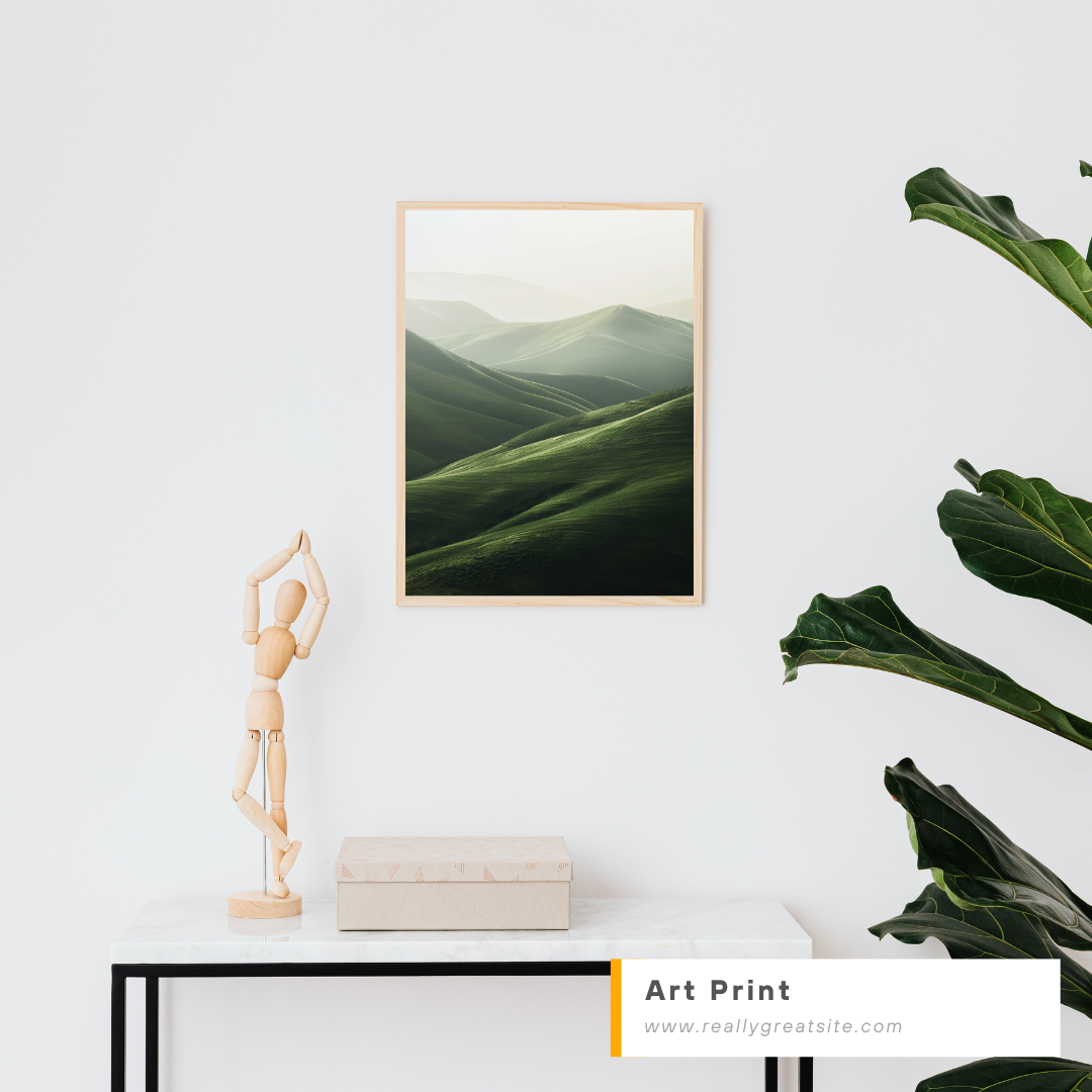 Väggkonst med avbildning av rolling hills i minimalistisk stil, vit och grå nyanser, av Nordanio, för naturinspirerad inredning