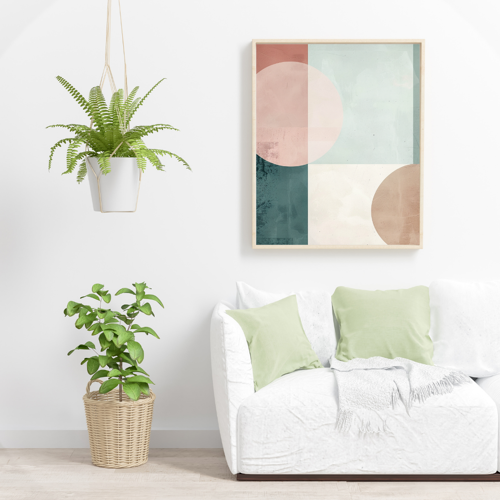 Vit abstrakt väggposter med geometriska former och minimalistisk 3D-illustration, designad av Nordanio.
