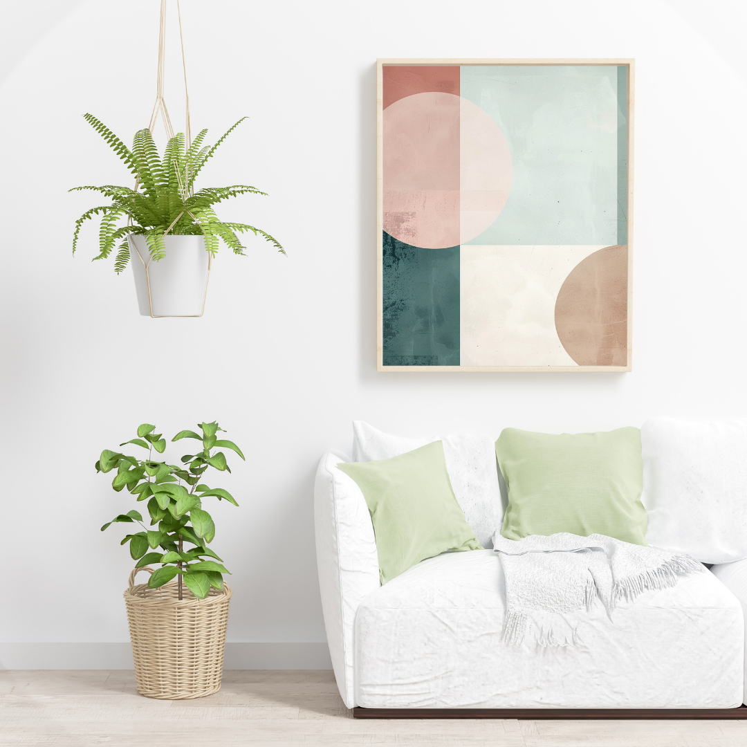 Vit abstrakt väggposter med geometriska former och minimalistisk 3D-illustration, designad av Nordanio.