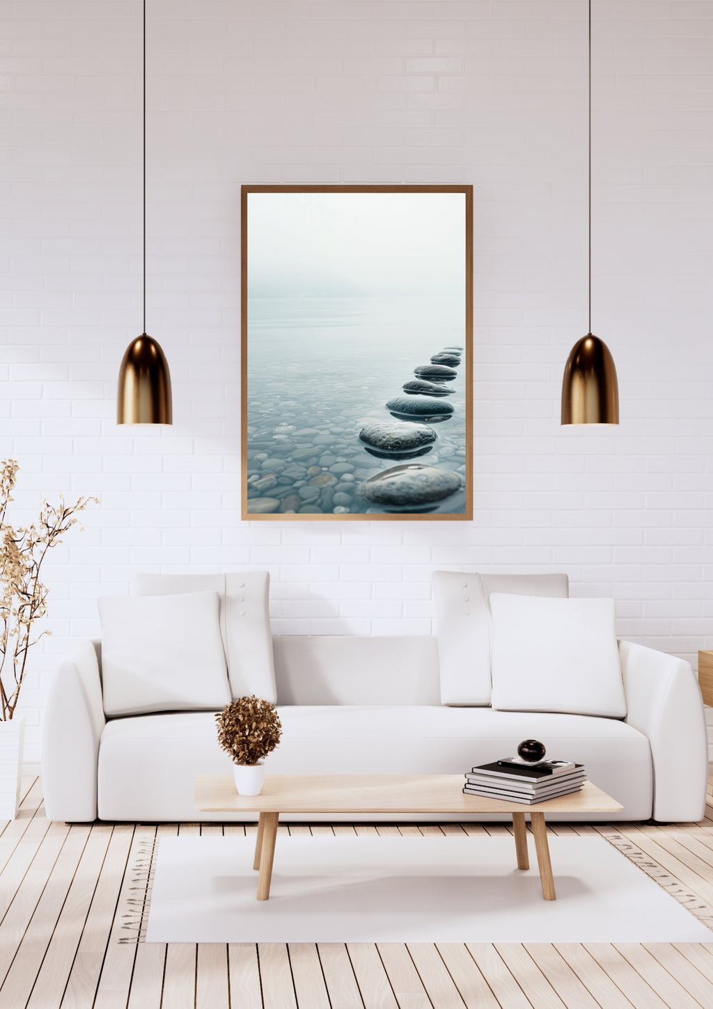 Väggkonst av Lakeside Stones poster från Nordanio, minimalistisk naturmotiv i vitt och elegant ram.