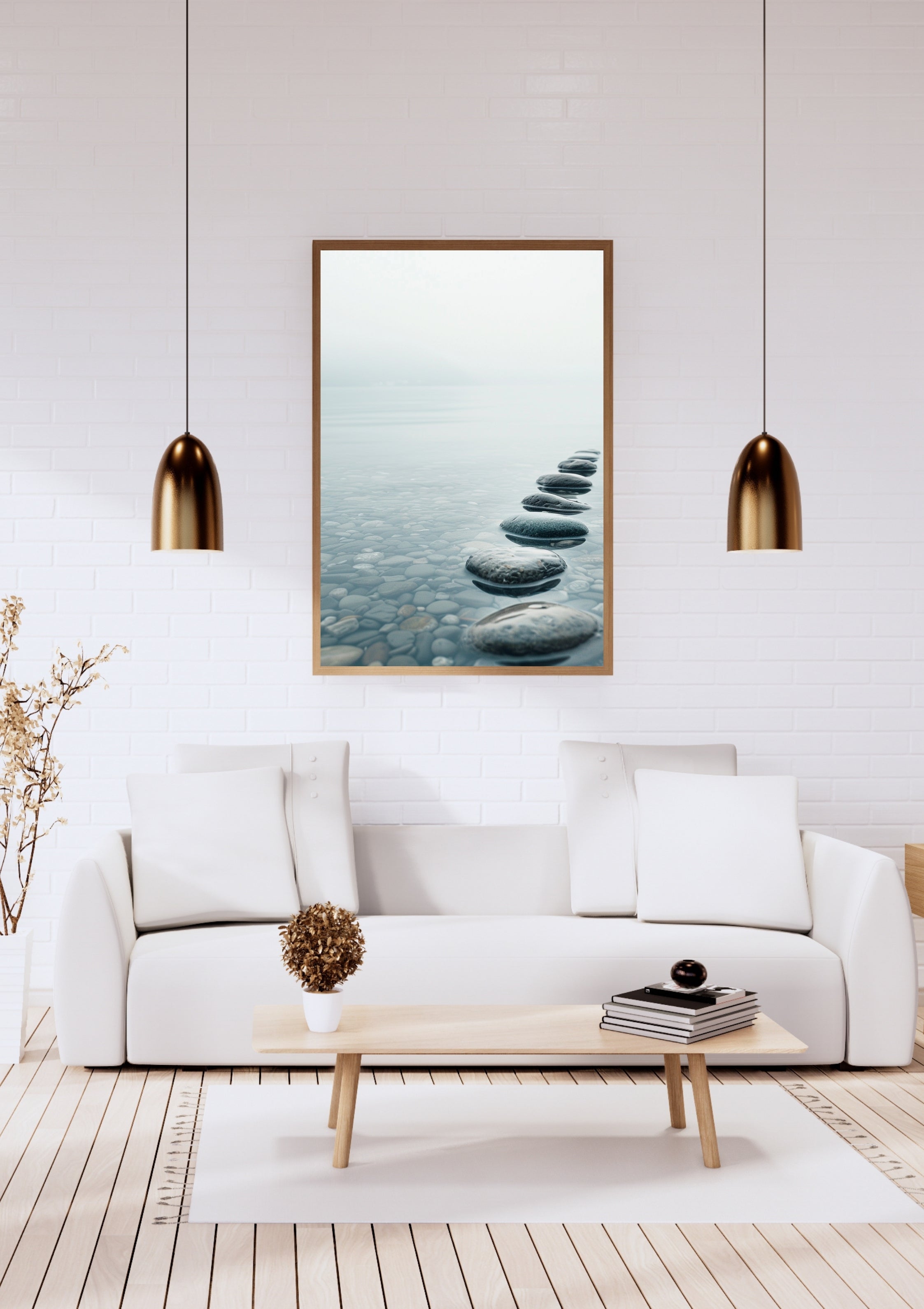 Väggkonst av Lakeside Stones poster från Nordanio, minimalistisk naturmotiv i vitt och elegant ram.