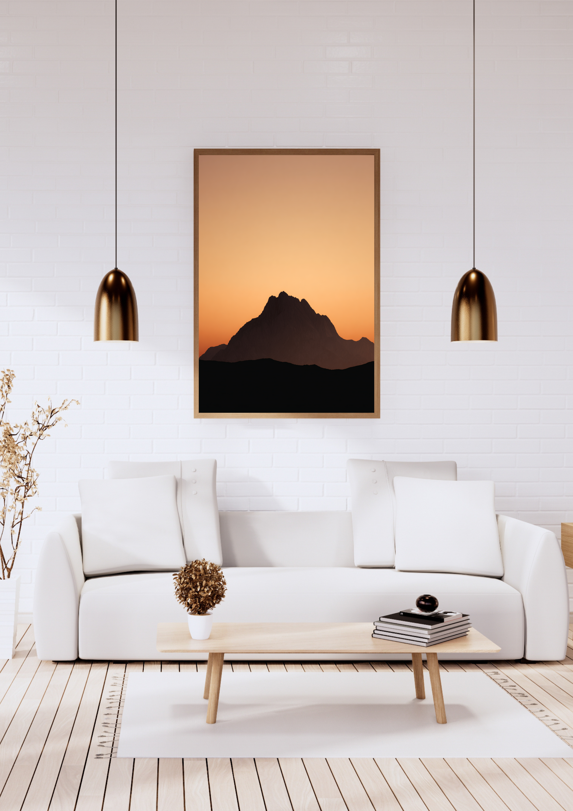 Väggkonst med minimalistisk bergsilhuett i svart på vit bakgrund, naturposter från Nordanio, elegant inramad.