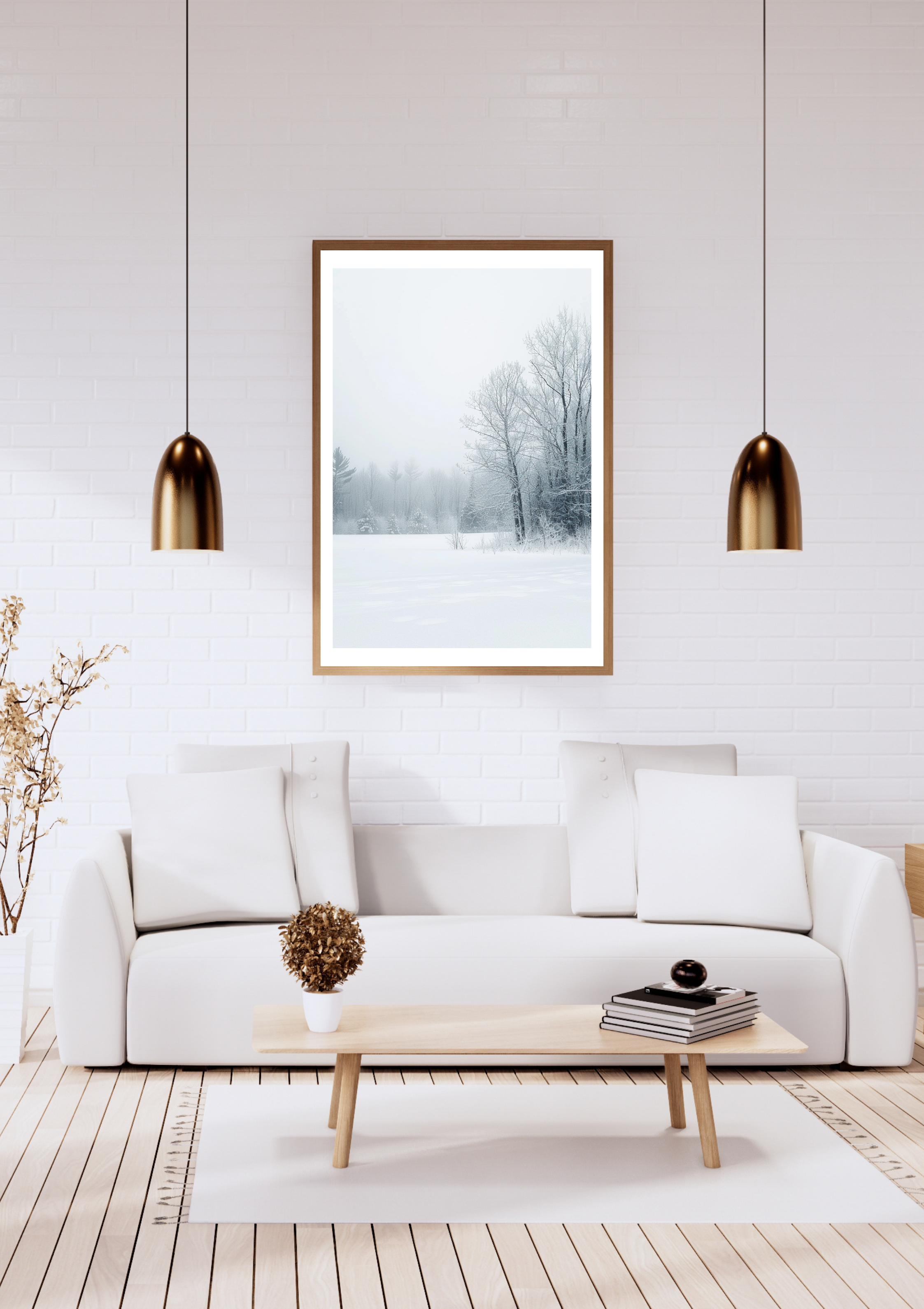 Snöig fält och trädlinje poster från Nordanio, naturposter med minimalistisk och elegant design för väggdekoration.
