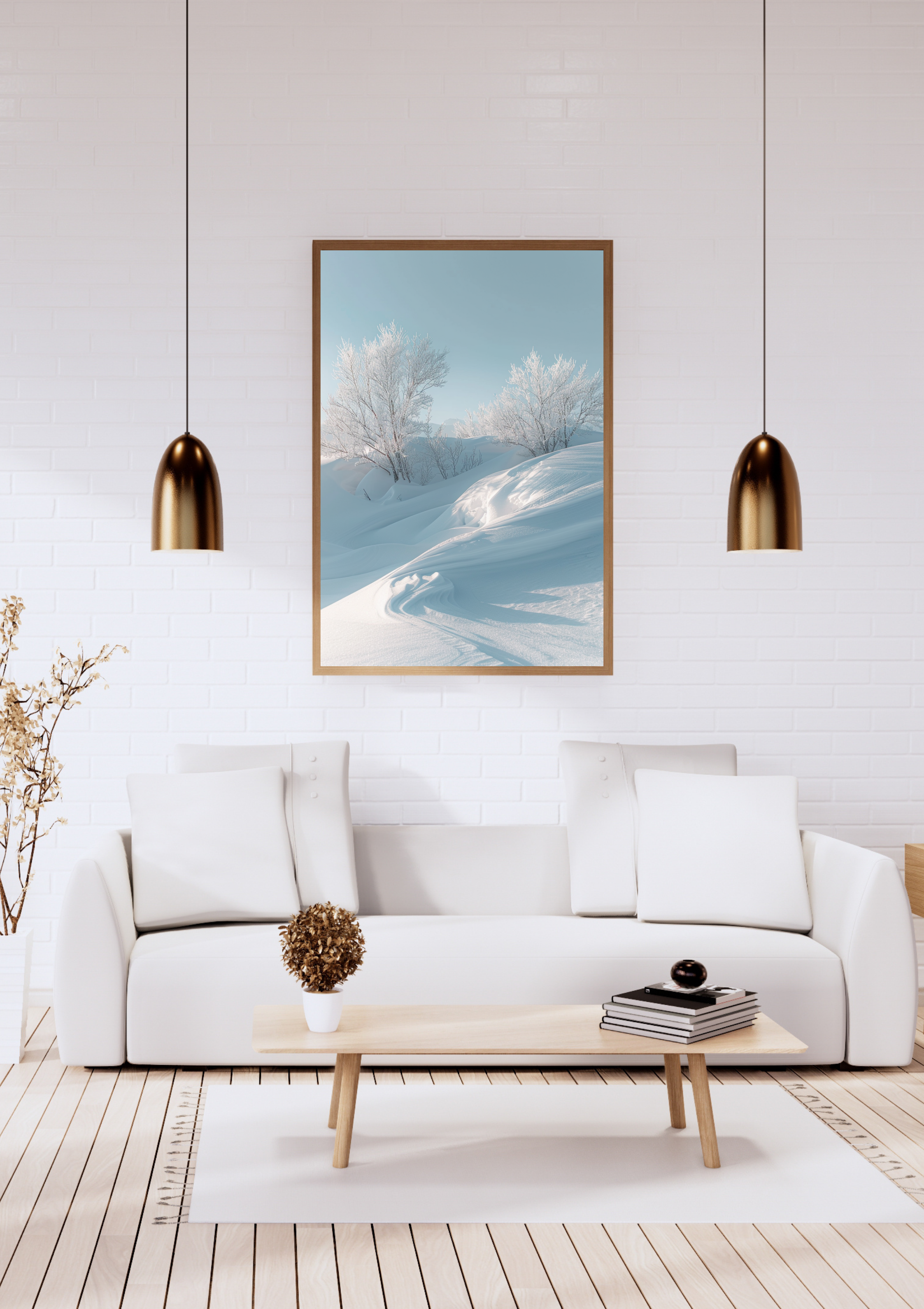 Vinterlandskapsaffisch av Nordanio, vit minimalistisk naturposter med elegant ram, väggkonst.