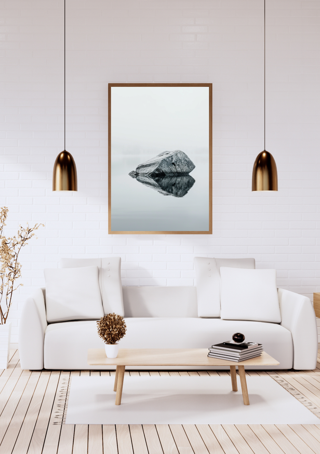 Vit minimalist naturposter med sten och vattenmotiv från Nordanio, inramad väggkonst för elegant hemdekoration.