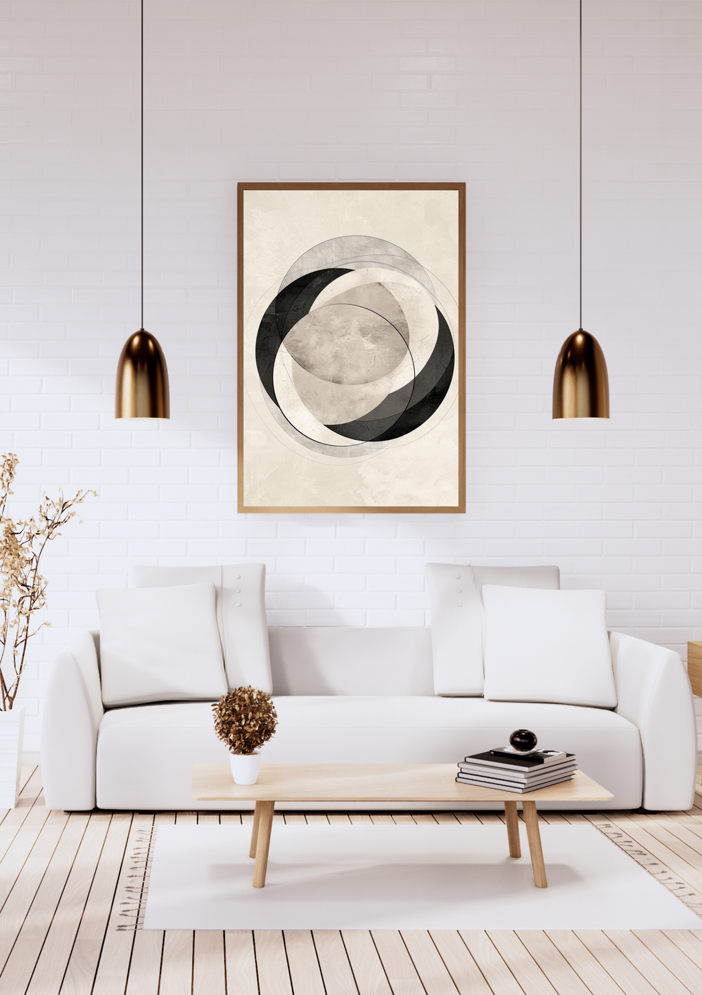 Vit minimalist abstrakt väggposter med cirkelrader från Nordanio, modern och elegant inredningsdetalj för vägg.