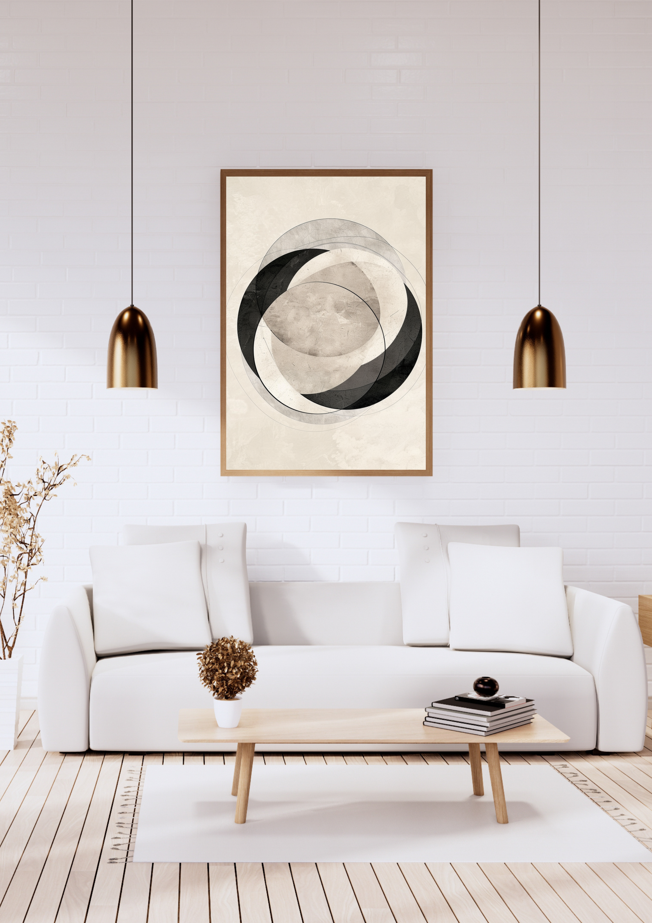 Vit minimalist abstrakt väggposter med cirkelrader från Nordanio, modern och elegant inredningsdetalj för vägg.