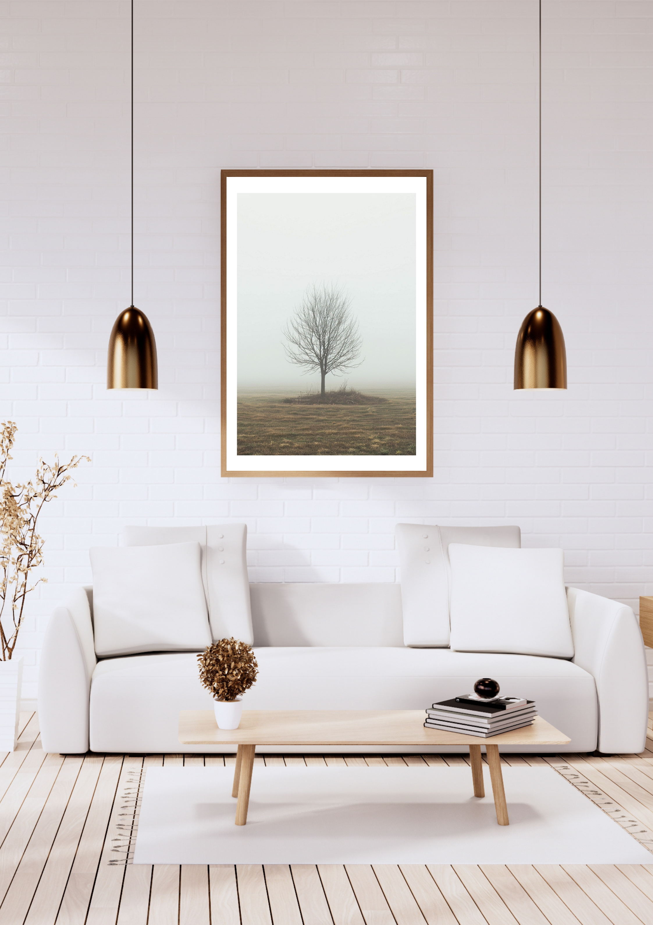 Väggposter av en dimmig träd i naturstil från Nordanio, minimalistisk och elegant inramad konst för väggdekoration.