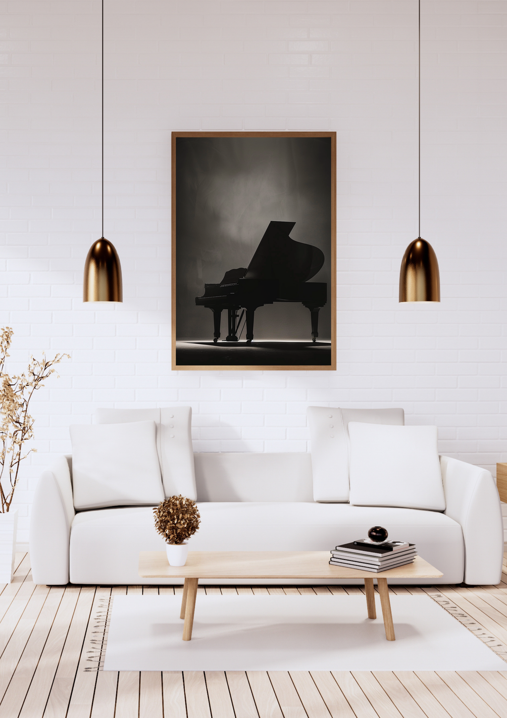 Svart konstposter med pianografisk siluett från Nordanio, minimalistisk och elegant väggdekoration i vitt och svart.