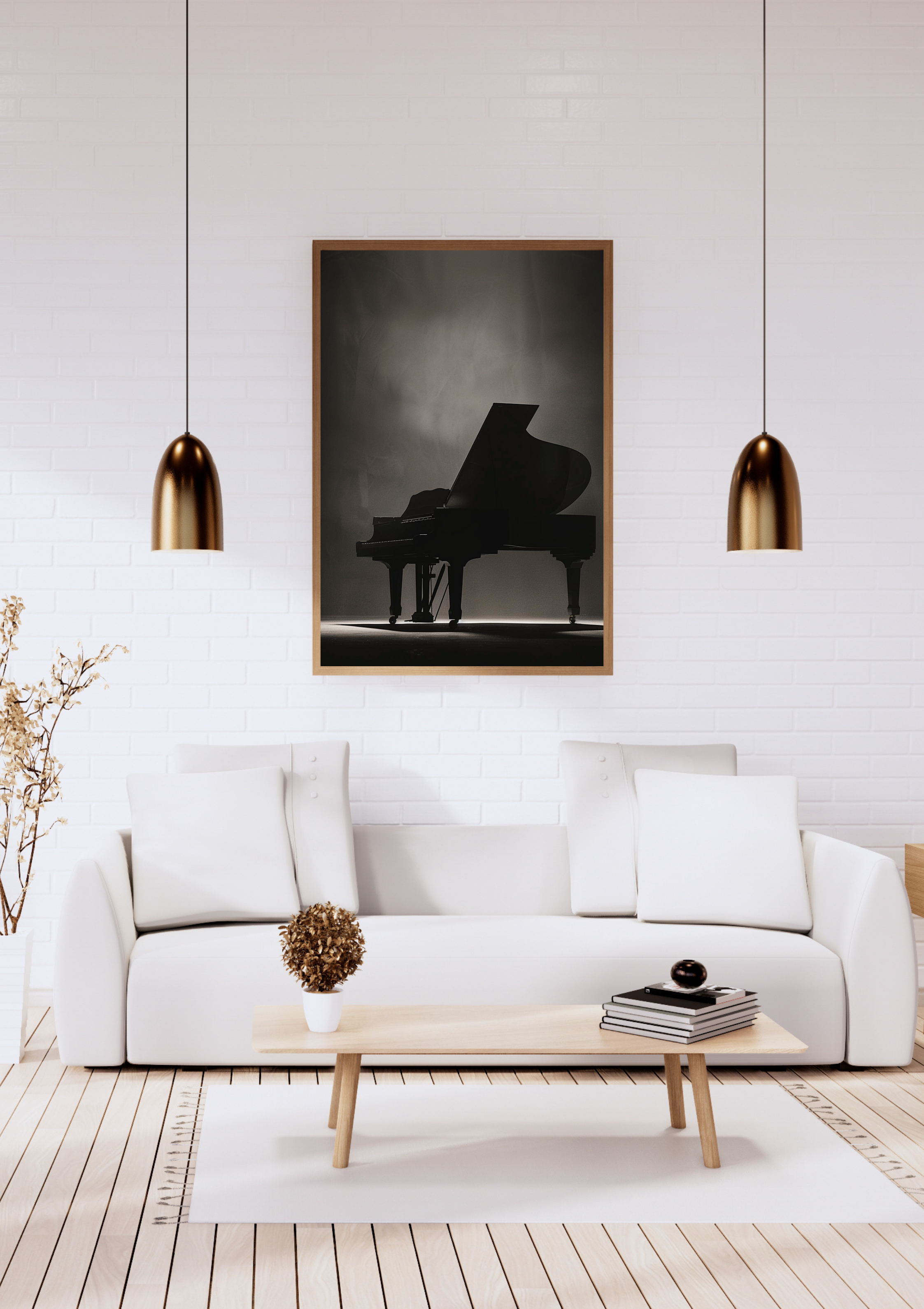 Svart konstposter med pianografisk siluett från Nordanio, minimalistisk och elegant väggdekoration i vitt och svart.
