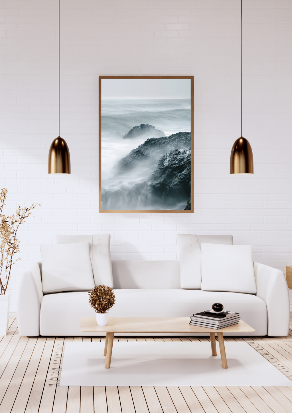 Vit naturposter av Rocky Shore från Nordanio, minimalistisk och elegant inramad väggkonst.