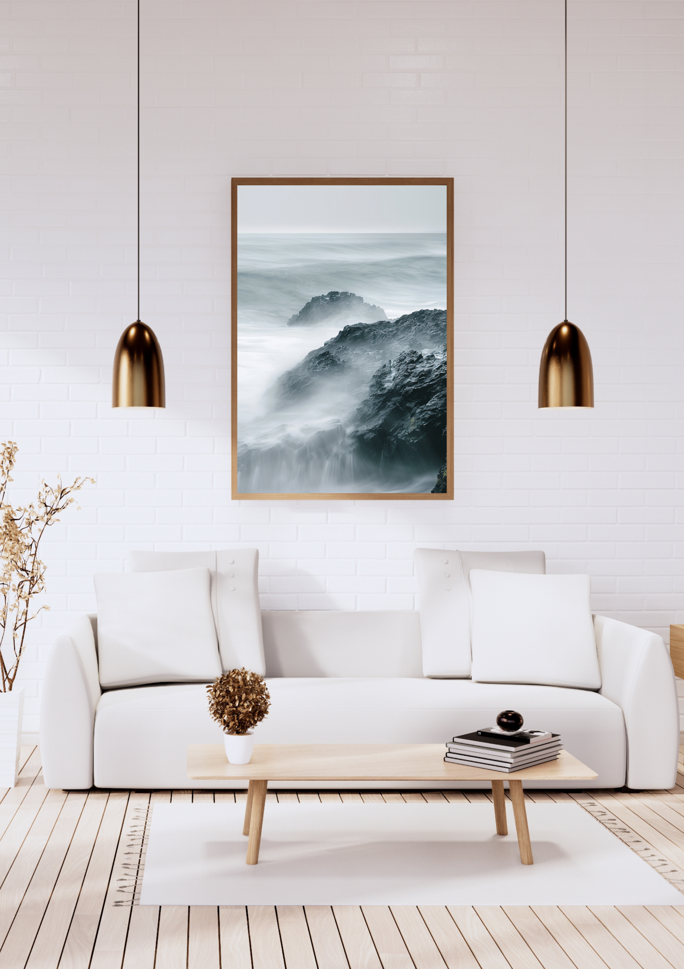 Vit naturposter av Rocky Shore från Nordanio, minimalistisk och elegant inramad väggkonst.